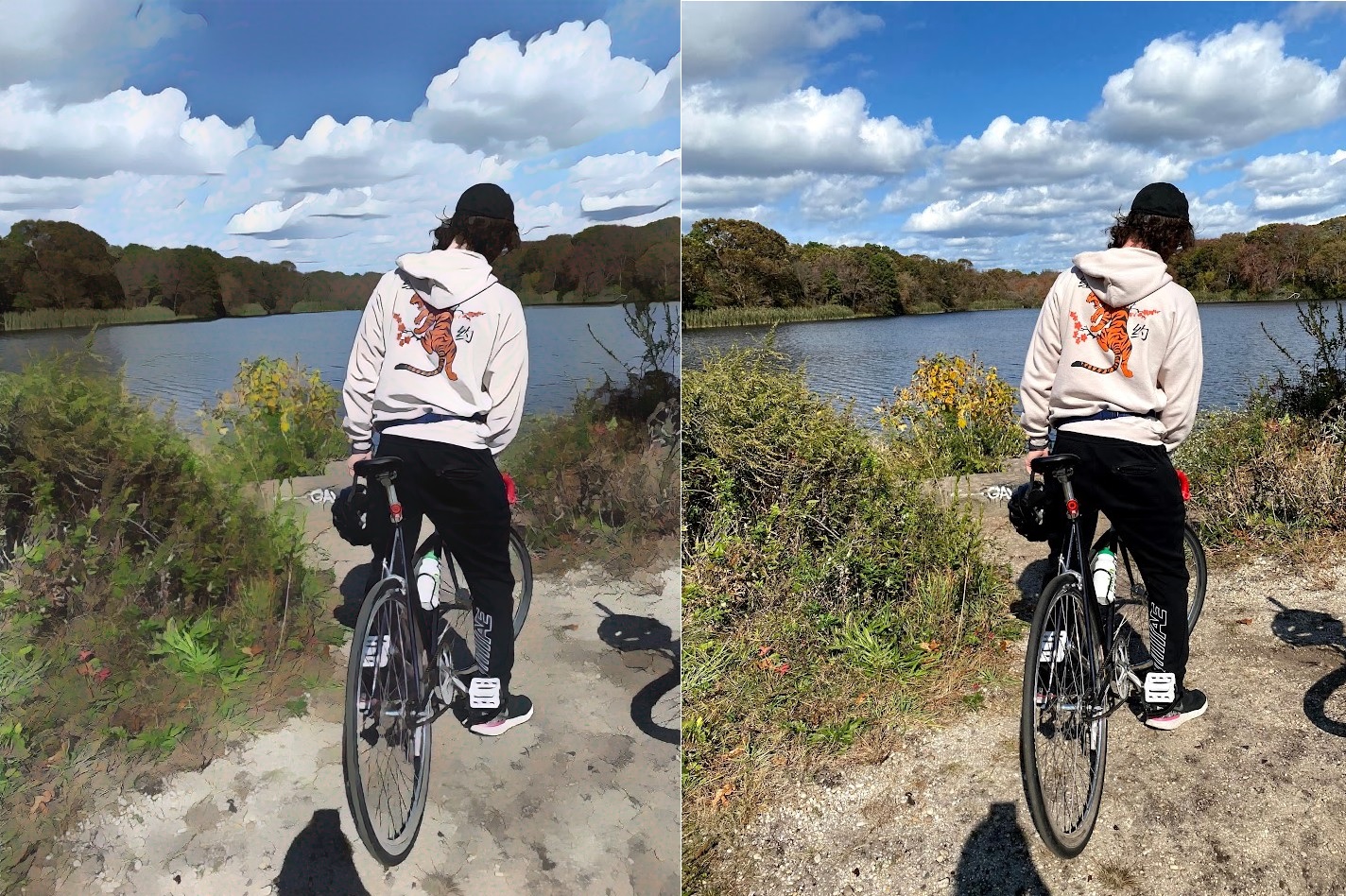 Comparison of the Original image of me on a bike and the watercolor